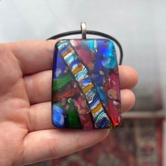 Vintage Dichroic Fused Glass Pendant Necklace Black Cord Adjustable Length - Picture 1 of 6